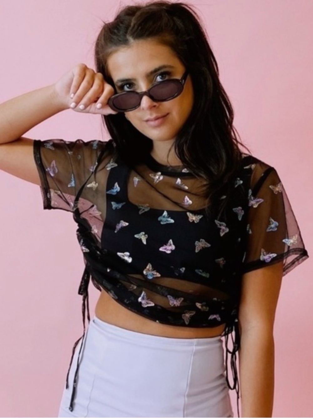 Le Lis Black Sheer Butterfly Mesh Short Sleeve Top